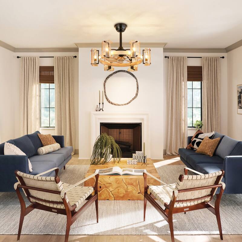 26.4 in. 6-Light Farmhouse Wood Finish Drum Ceiling Fan with Amber Glass Shades and Remote Control - 26.38 in. W x 7.87 in. H