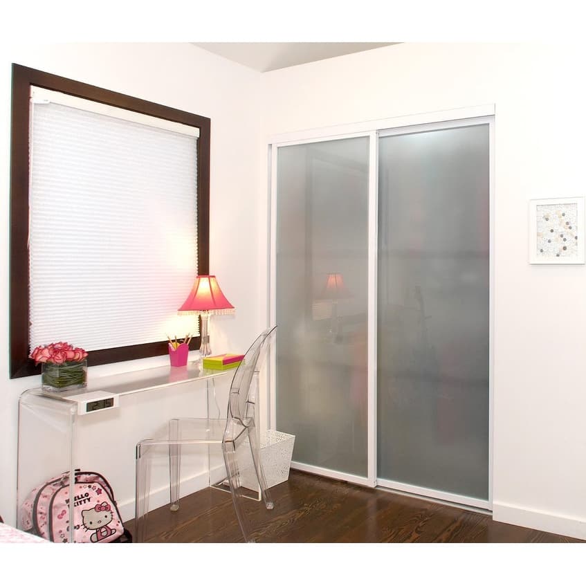 THE SLIDING DOOR COMPANY 2 Panel, Sliding Closet Doors, Frosted Glass, Aluminum Frame on double track.