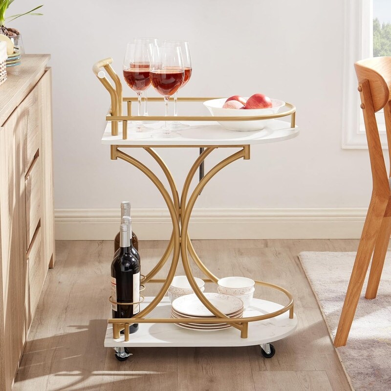 2 Tier Marble Small Side Table Bar Cart with Slide Wine Rack and Glass Holder Bed Bath Beyond 41550033