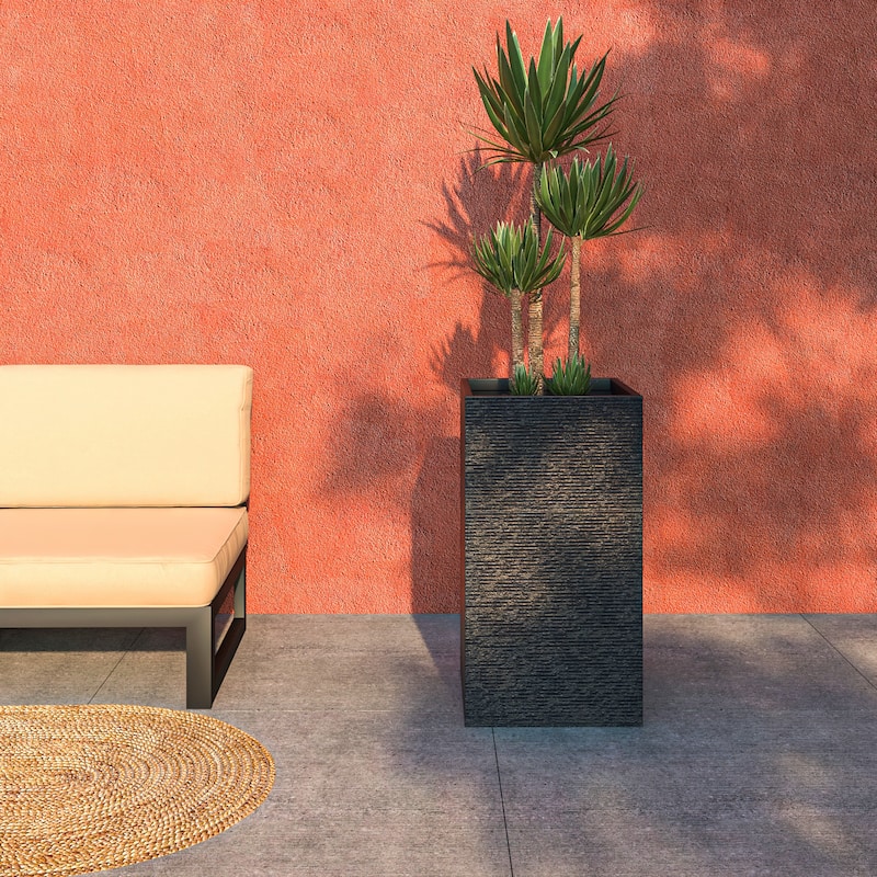 Basalt Modern Tall Square MGO Fiberstone Planter Pot Weather-Resistant Design for Indoor Outdoor Patio with Drainage