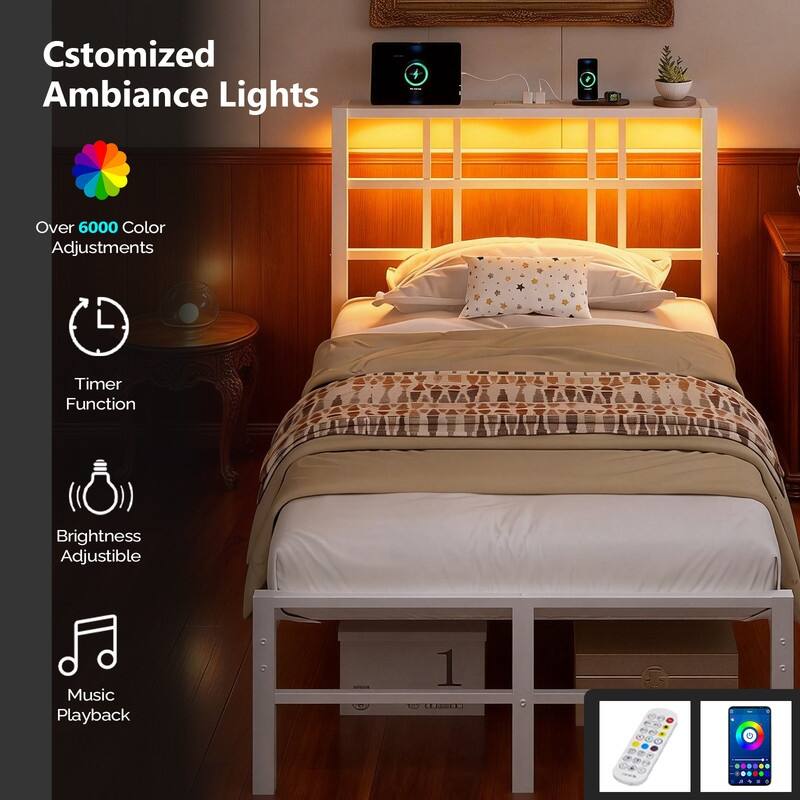 Twin Metal Platform Bed Frame with Storage Headboard,LED Lights,Charging Station,Wooden Storage Shelf,Underbed Storage Space