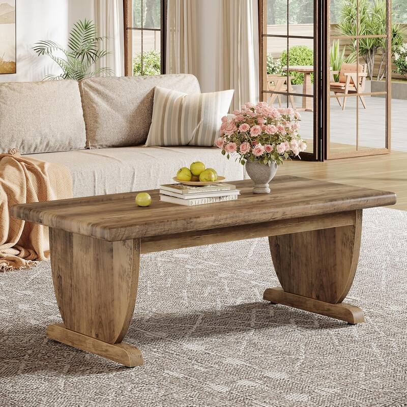 47 Inches Brown Engineered Wood Coffee Table, Farmhouse Cocktail Table for Living Room