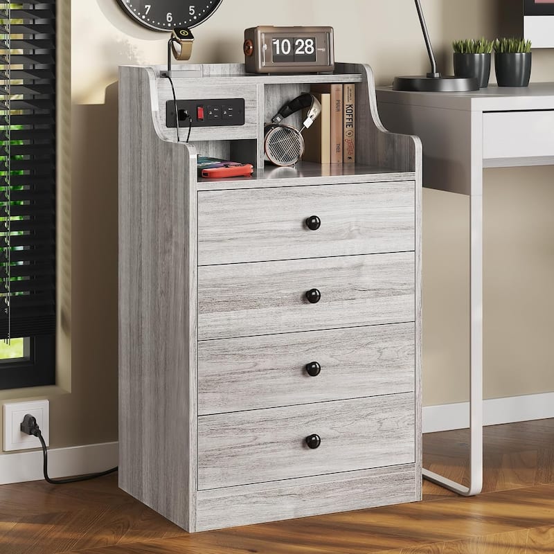 Nightstand with Drawers Charging Station End Side Table with Hutch - Grey - 4-drawer