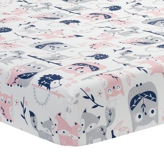 Lambs & Ivy Forever Friends White/Pink/Gray Woodland Owl/Fox Baby Fitted Crib Sheet