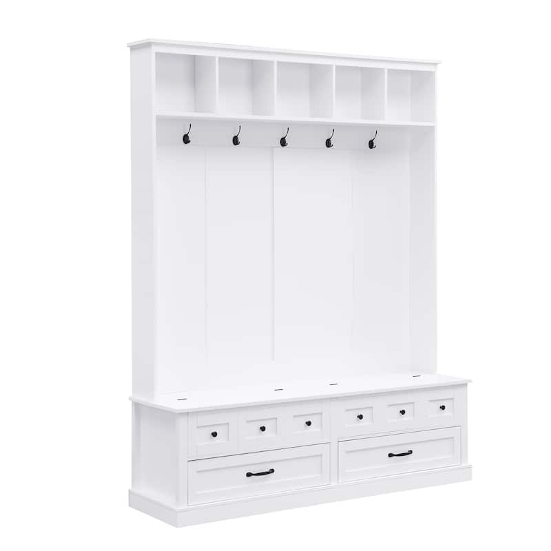 Roomfitters Elegant Wide Hall Tree with Lift-Top Bench, Wooden Mudroom Organizer with 5 Coat Hooks and 2 Storage Sections
