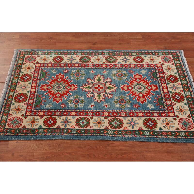Blue Kazak Accent Rug Handmade Traditional / Geometric Wool Carpet - 2'8"x 4'1"