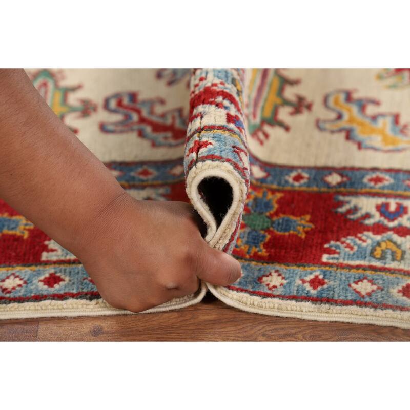 Ivory Geometric Kazak Oriental Accent Rug Handmade Wool Carpet - 3'7" x 5'2"