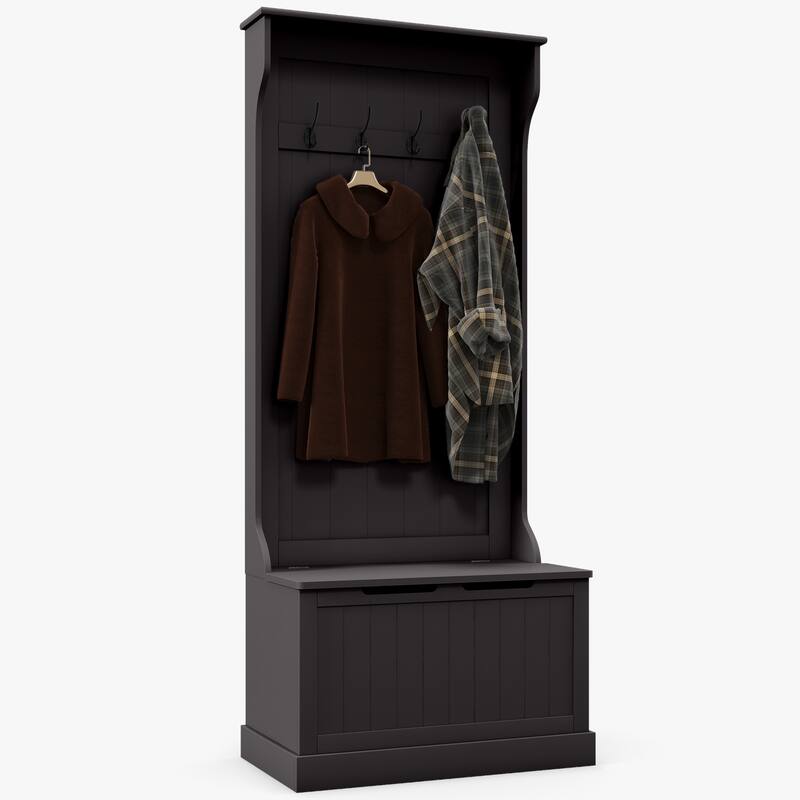 Modern Coat Rack with Anti-Tip Device Storage Bench 4 Hooks and Shoe Storage, for Entry and Hallway, Black - Black