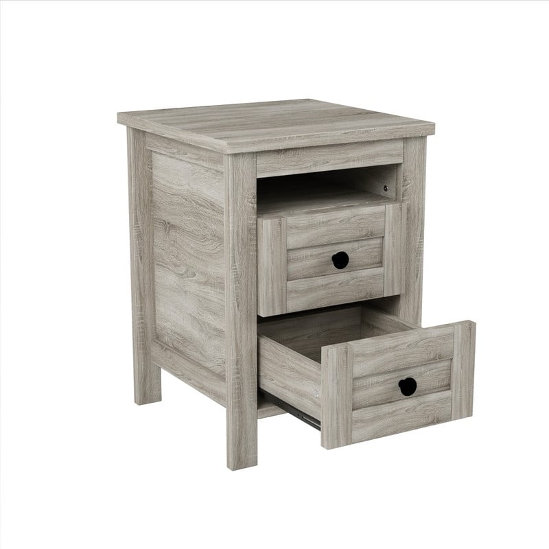 2-Drawer Farmhouse Style Nightstand, Sleek Lines Wood Bedside Table with Storage Shelf