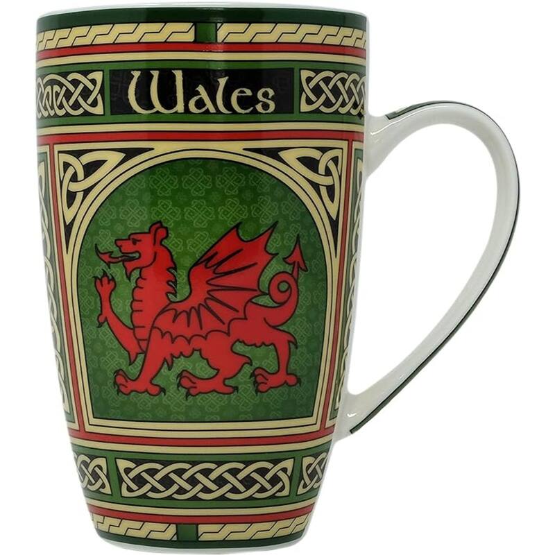 14oz Multi-Color Welsh Dragon Ceramic Coffee Mug with Intricate Celtic Knots for Daily Use