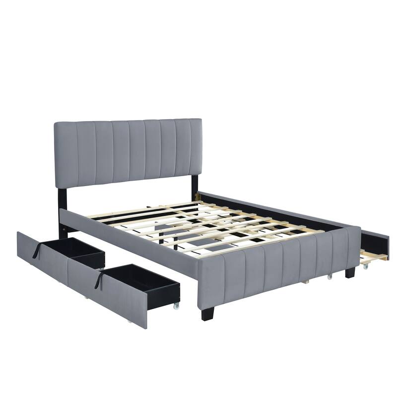 Gray Queen Velvet Upholstered Platform Bed with Drawers & Trundle