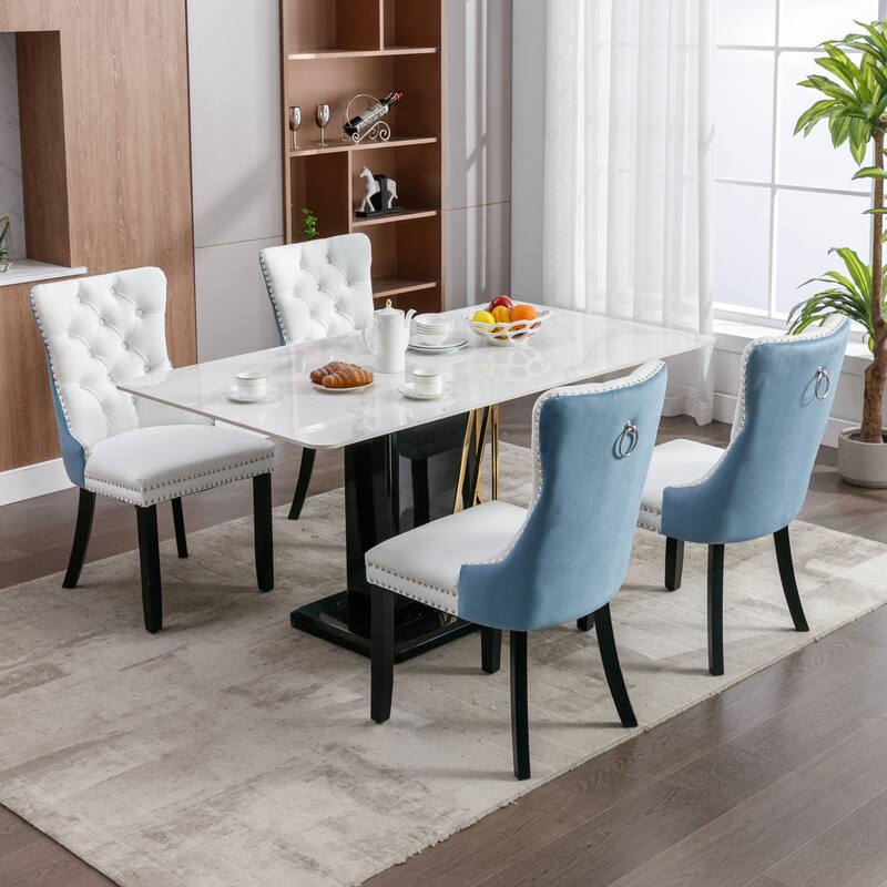 Modern, High-end Tufted Solid Wood PU and Velvet Upholstered Dining Chair with Wood Legs Nailhead Trim 2-Pcs Set