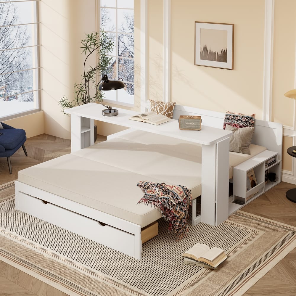4-in-1 Multifunctional Daybed Storage Bed Frame with Removable Desk, Drawers, Bookcase Shelves and Hydraulic Side Tables