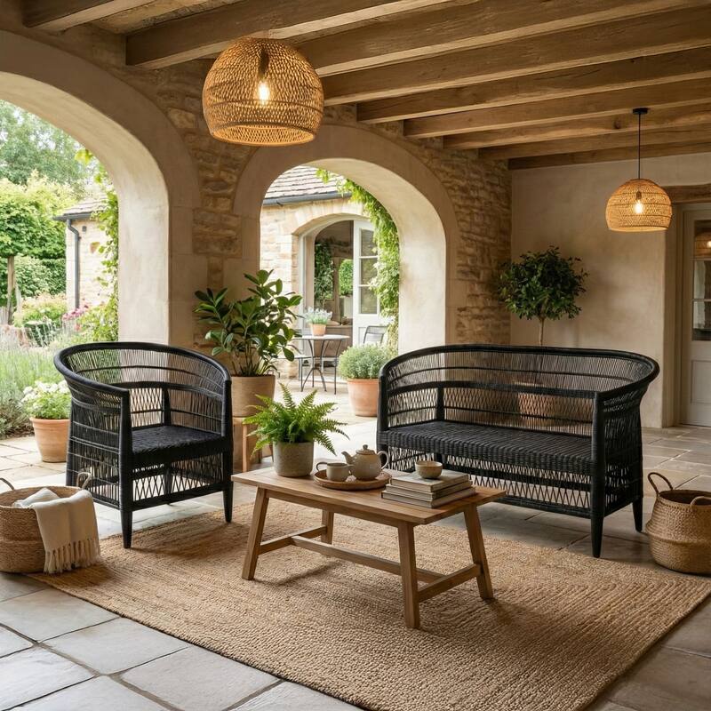 100% Handwoven Natural Rattan 2-Piece Indoor Seating Set with Chair and Loveseat, Solid Wood Frame, Boho Farmhouse - Black