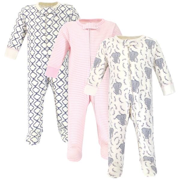 slide 1 of 1, Touched by Nature Baby Girl Organic Cotton Zipper Sleep and Play 3pk, Girl Elephant 0-3 Months - Girl Elephant