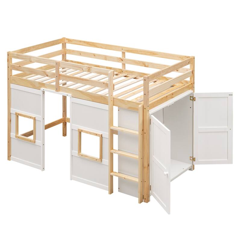 Wood Twin Size Loft Bed with Built-in Storage Wardrobe and 2 Windows