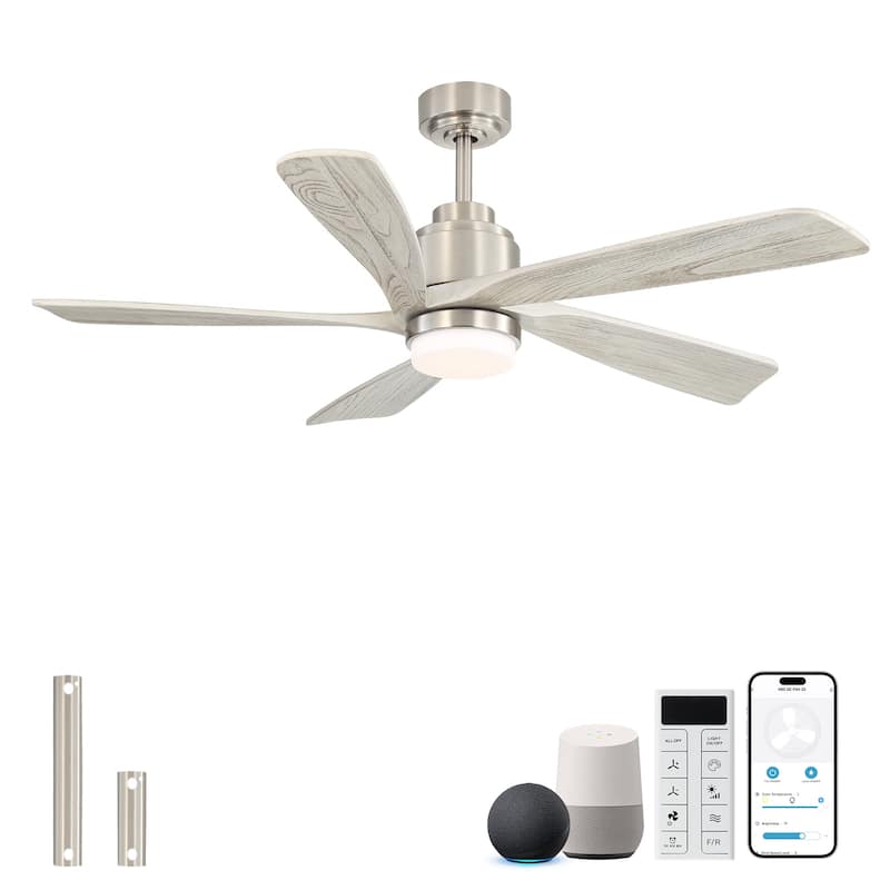 Sofucor 52 inch Solid Wood Flush Mount Ceiling Fan with Lights and Remote, Compatible with Alexa/Google/App, Quiet DC Motor - 52 Inches - Nickel with Gray wood grain Blades