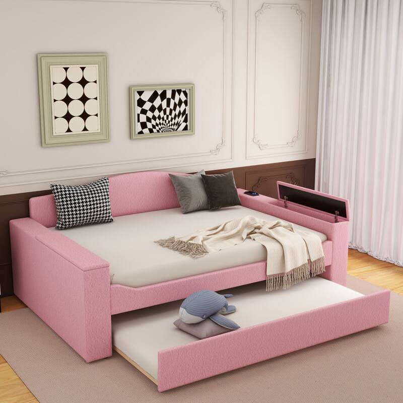 Sofa bed with storage arms, trundle bed and Bluetooth stereo