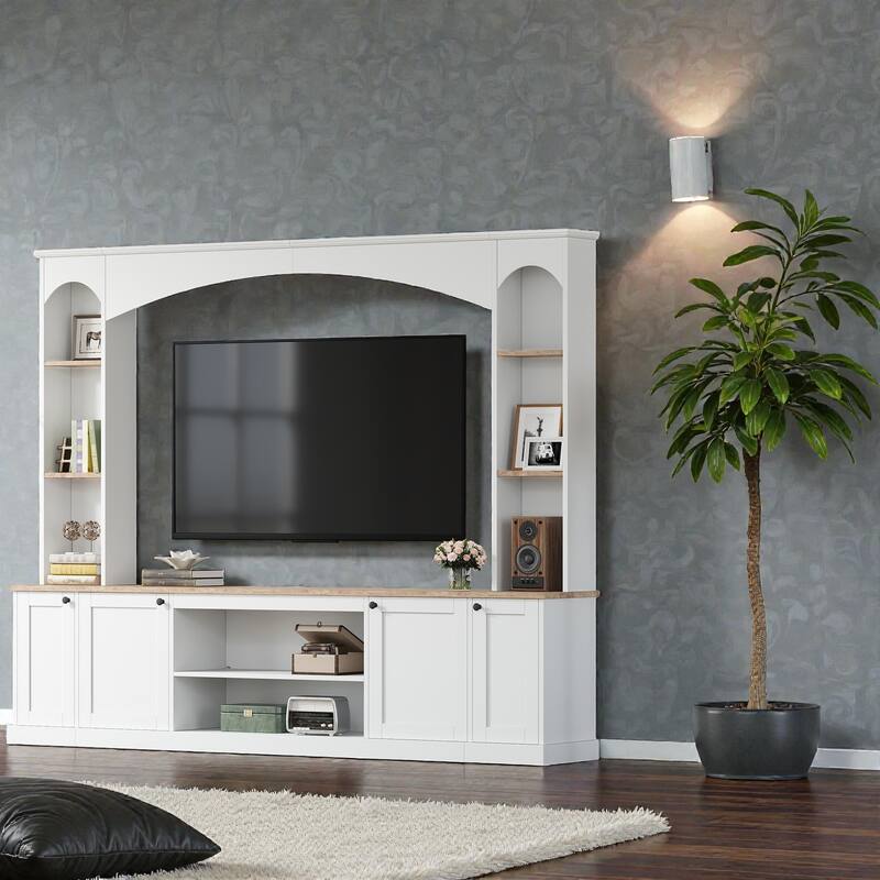 91" Farmhouse Entertainment Center with Arched Bookshelves, Large TV Stand for TVs up to 70", Media Console