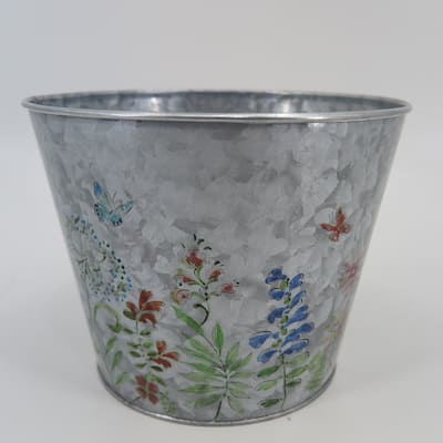 Garden Blooms On Metal Bucket Shaped Planter