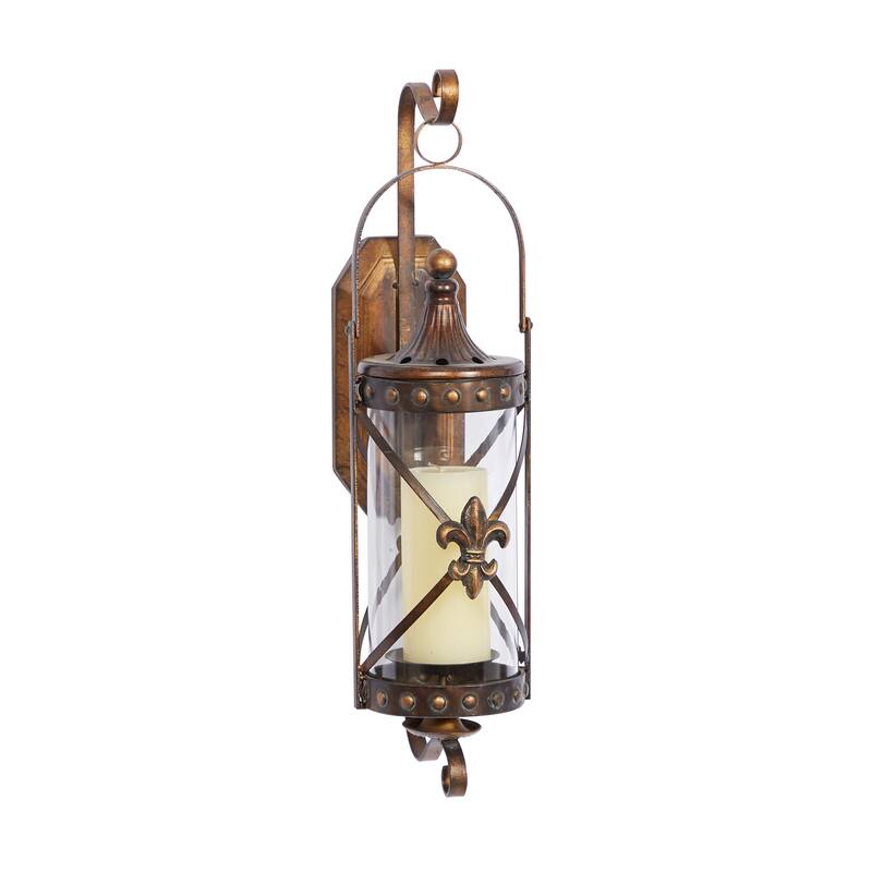 Bronze Metal Suspended Studded Fleur De Lis Wall Sconce with Scroll Details - 7 x 6 x 20