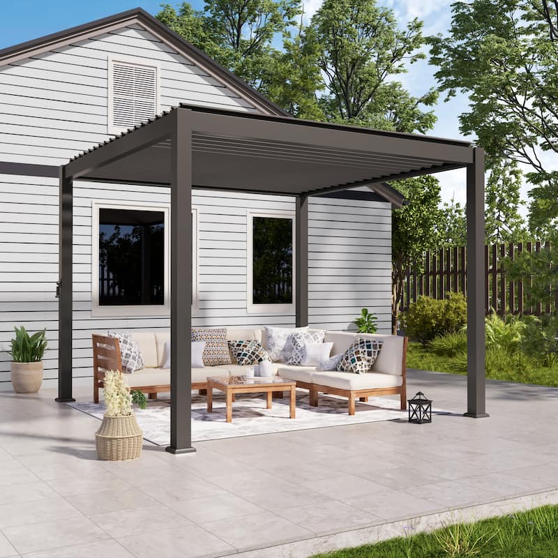 Outdoor Aluminized Steel Pergola, Modern Style with Adjustable Louvers and Concealed Water Drainage System - 10x10ft - Brown
