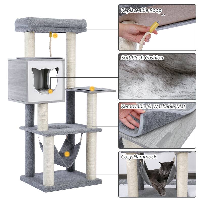 Cat Tree Multi-Level Modern Wooden Cat Tower with Hammock and Scratching Posts and Cat Condo