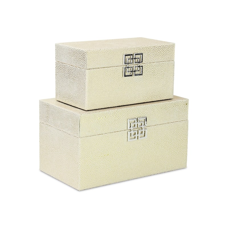 Set of 2 White Gold Rectangular Shagreen Storage Boxes 12"