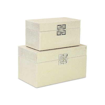 Set of 2 White Gold Rectangular Shagreen Storage Boxes 12"