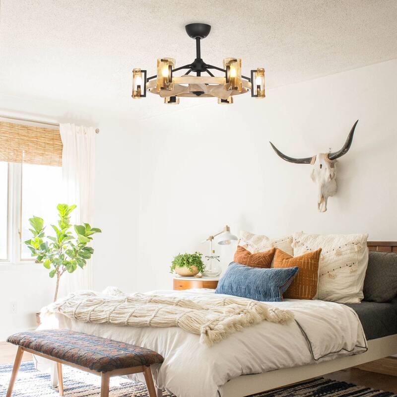 Farmhouse 3-Blade 6-Light Wooden Chandelier Ceiling Fan with Remote and Glass Shade - 34-in W