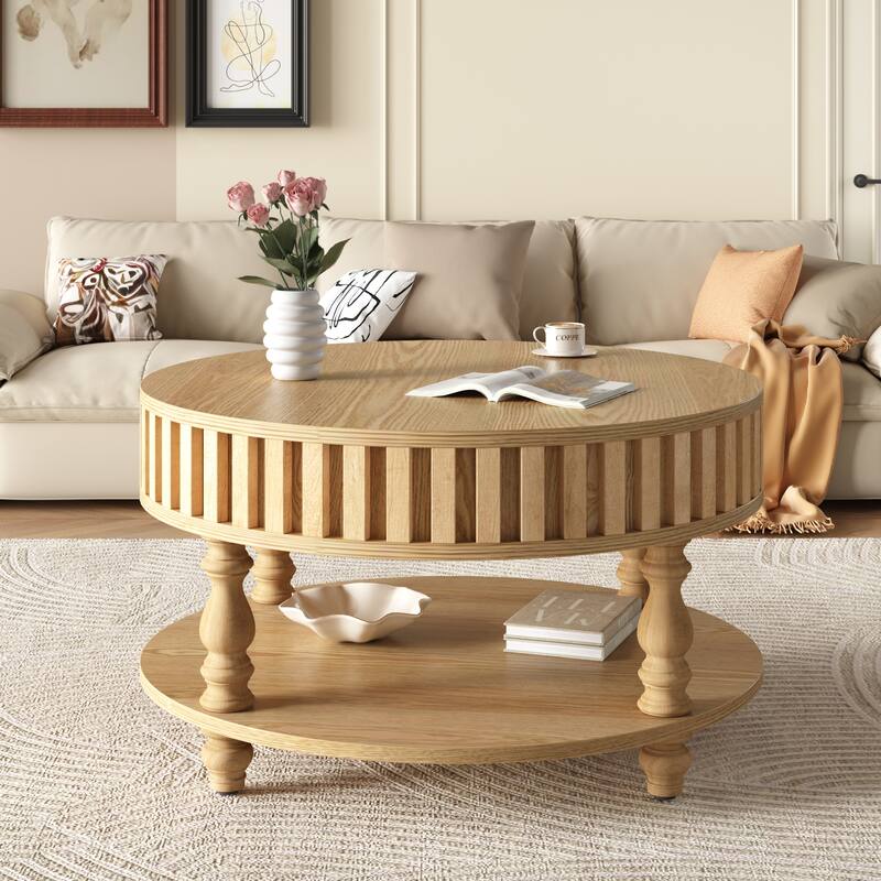 31.5" Farmhouse Round Fluted Coffee Table with Flip-Top Lids and Spacious Hidden Storage - Natural