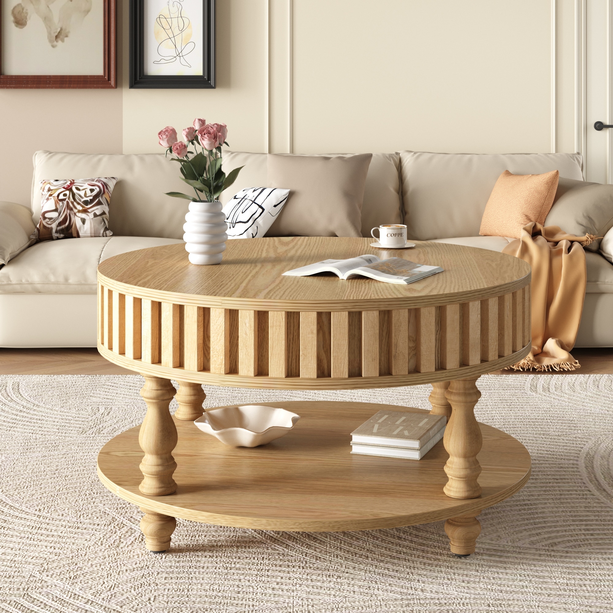 Natural Wood Fluted Coffee Table End Table Side Table with Storage, Rustic Center Table Sofa Table with Flip-Top Lids