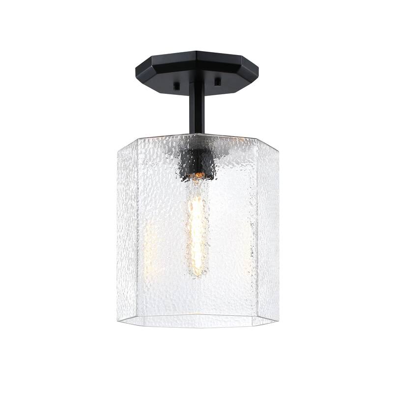 Haven 10 in. Matte Black Modern Semi-Flush Mount with Clear Rippled Glass Shade for Hallways