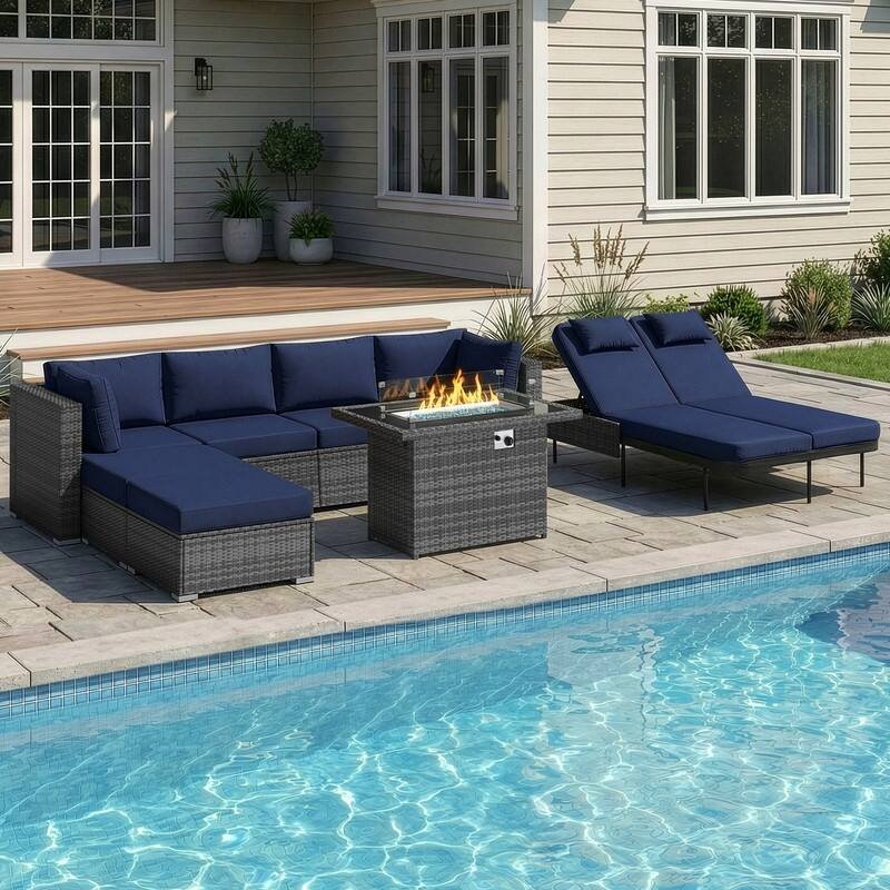 Outdoor Sectional Conversation Set PE Wicker with Double Chaise Lounge, 60,000 BTU Fire Pit Table - 8-Piece/Ottoman - Navy Blue