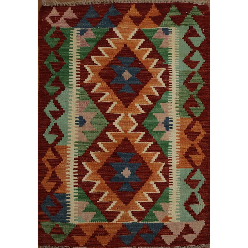 Hand Woven Oriental 100% Wool Carpet Southwestern Geometric Multi-Colored Kilim Area Rug - 3' 3'' X 2' 3''