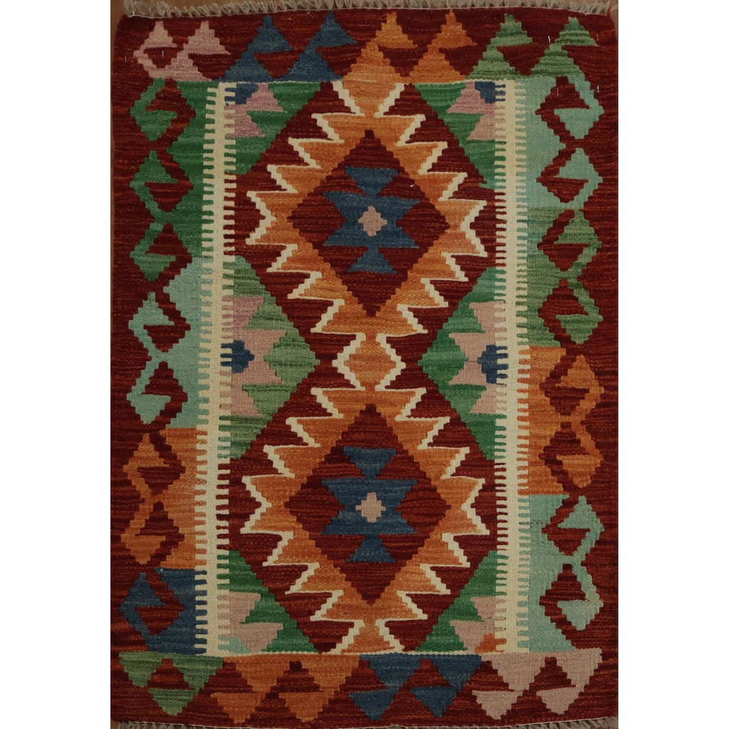 Hand Woven Oriental 100% Wool Carpet Southwestern Geometric Multi-Colored Kilim Area Rug - 3' 3'' X 2' 3''