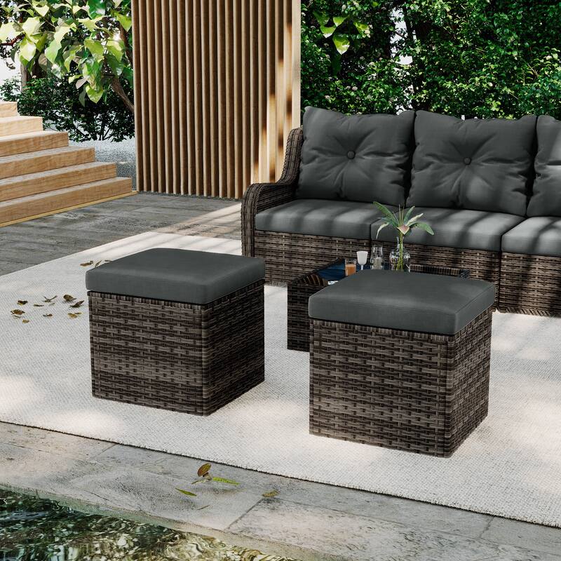 Outdoor Patio PE Wicker Ottoman with Cushion Set of 2