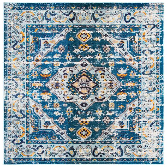 SAFAVIEH Madison Andra Boho Oriental Distressed Rug - 6'7" x 6'7" Square - Dark Blue/Light Blue