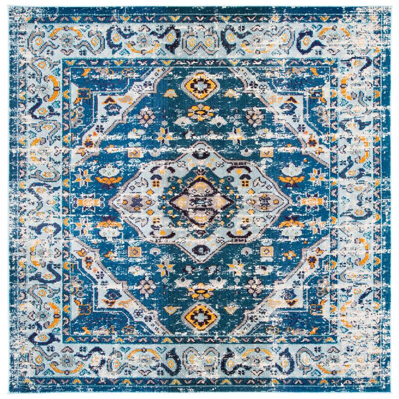 SAFAVIEH Madison Willodean Boho Oriental Distressed Rug - 6'7" Square - Dark Blue/Light Blue