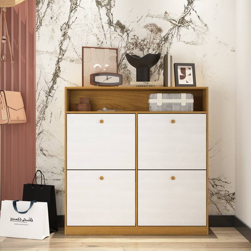 Freestanding Shoe Storage Cabinet Organizer with Anti-Tip Design, Adjustable Shelves, and Wooden Handles for Narrow Spaces