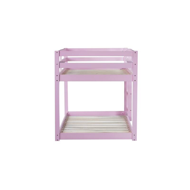 Wooden Twin over Twin Floor Bunk Bed with Ladder ,Upper and Bottom Bed Platforms