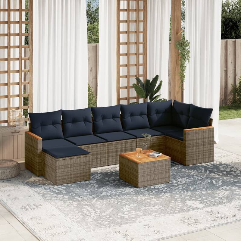 vidaXL Patio Sofa Set with Cushions Outdoor Conversation Furniture Poly Rattan - 24.4x 24.4x 27.2 - Grey and Blue-With table