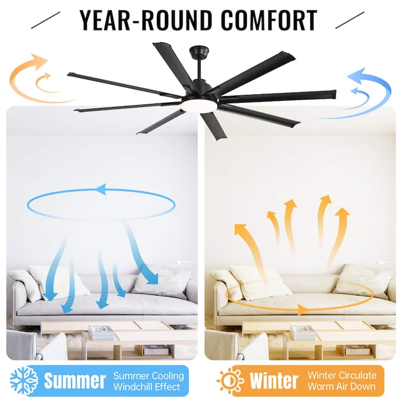 84 Inch Large Smart Ceiling Fan with Light, 8 Black Aluminum Blades, Indoor Outdoor Reversible Ceiling Fan for Living Room Patio