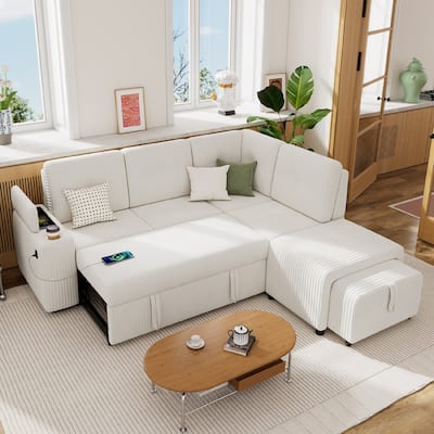 94" Pull-Out L-Shaped Sectional Sofa with Movable Ottoman,Stool,Cup Holder and Two USB Ports