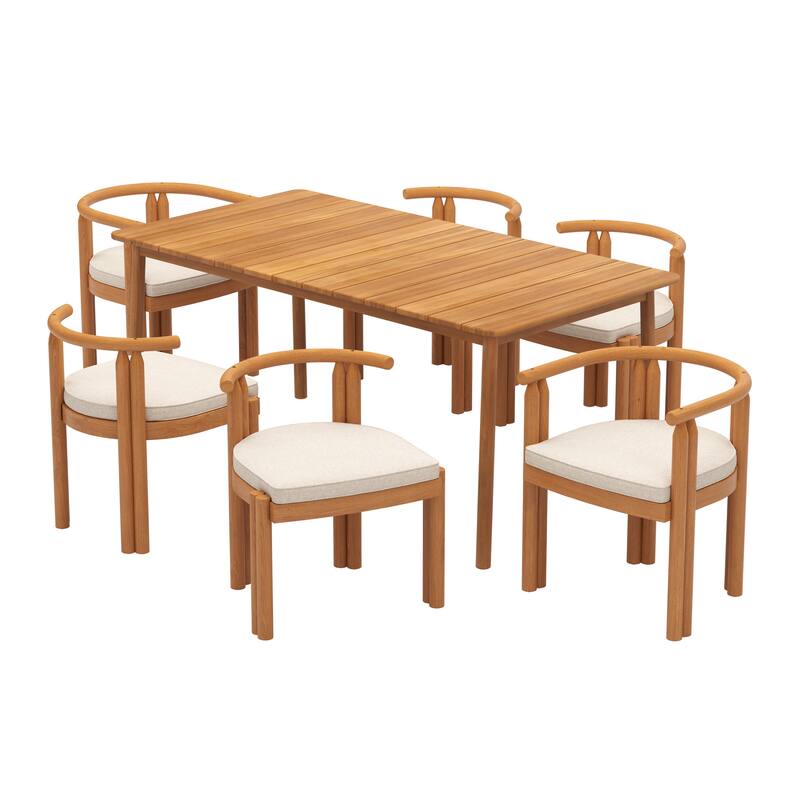 Roomfitters Outdoor Dining Set 7 Piece Solid Acacia Wood Table Arm and Armless Chairs, Teak Beige - Teak+ Beige