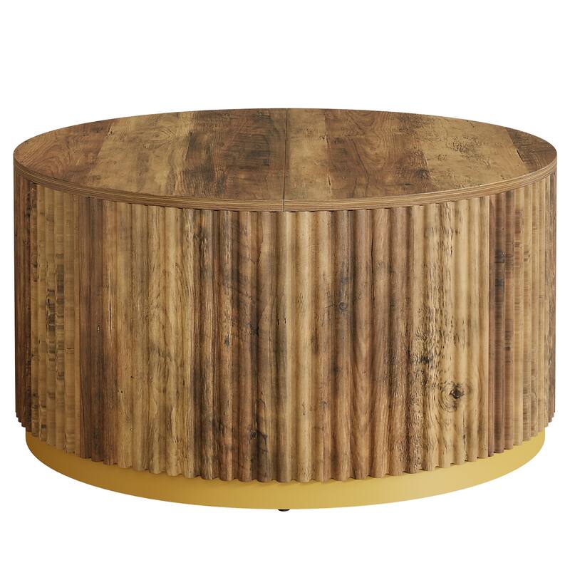 Round Coffee Table, Fluted Wooden Center Table, Mid Century Modern Table for Living Room or Office
