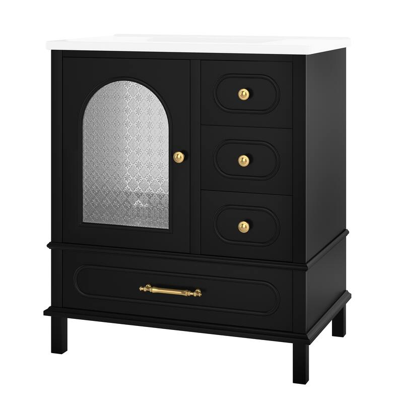 Roomfitters 30 Inch Bathroom Vanity with Sink, Solid Wood Cabinet with 3 Drawers and Semi-Transparent Door