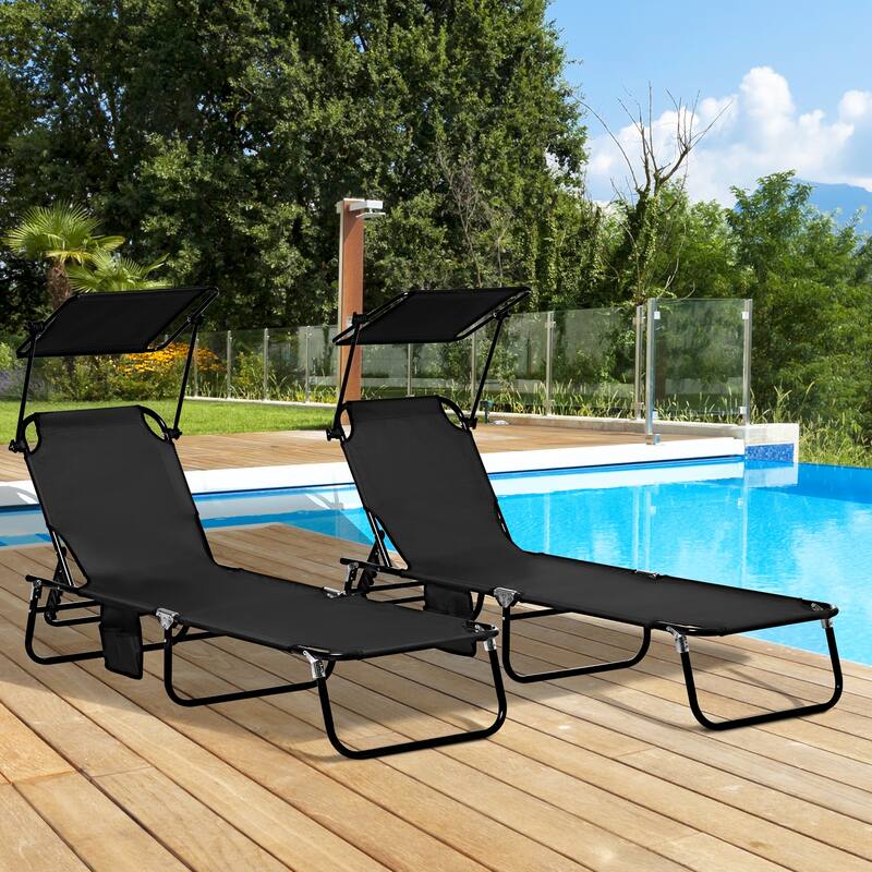 Outdoor Folding Chaise Lounge Pool Chairs with Canopy Shade, Reclining Back, Steel Frame and Side Pocket for Beach, Yard, Patio