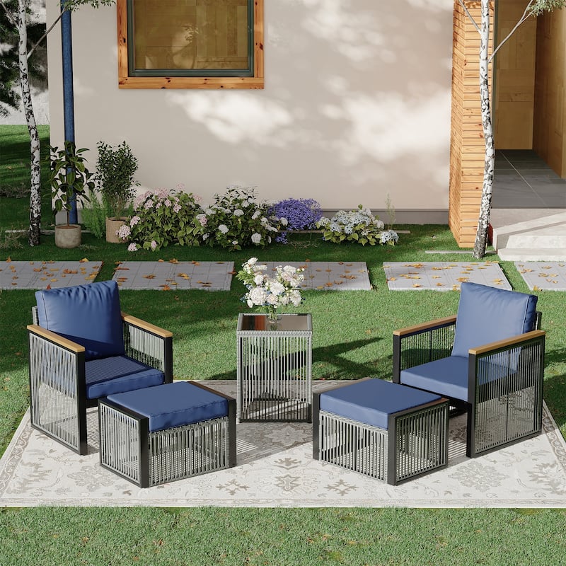 EROMMY Outdoor Patio Furniture Sets - 5/6/7 Piece All-Weather Conversation Sets withTable & Ottoman, Sectional Sofa & Chairs. - 5 PCS - 2 Chairs & 2 Ottomans & Side Table - Blue