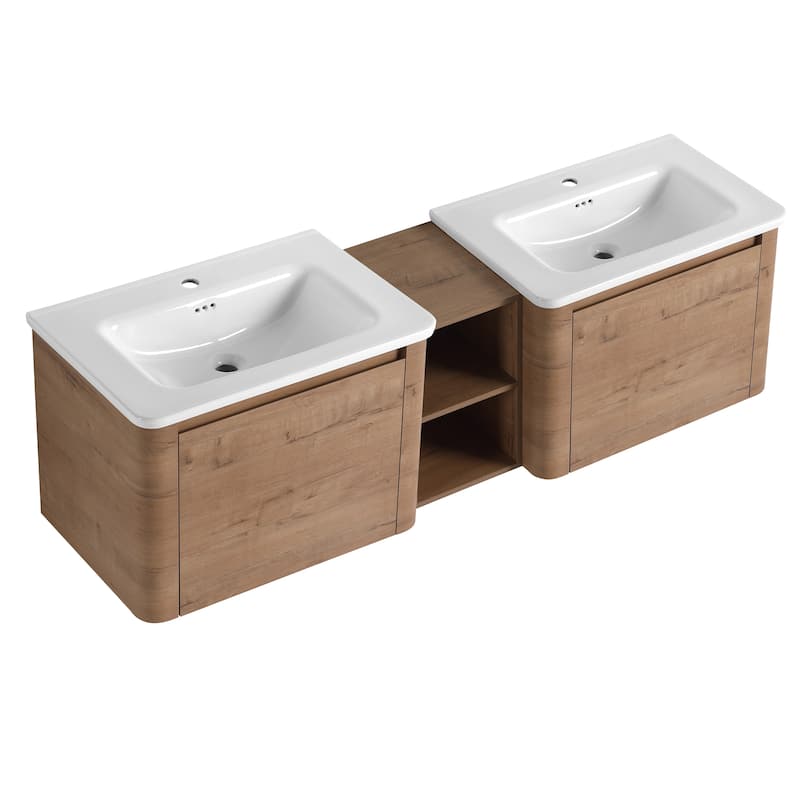 Wall-Mounted Bathroom Vanity with Ceramic Sink and Storage Shelves